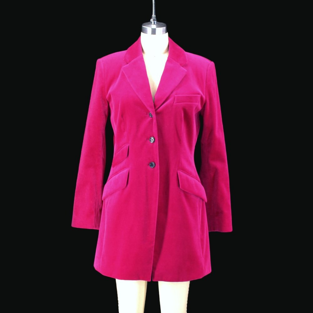 J Peterman Velvet Jacket Riding Coat Long 3 Button Equestrian Tailored Fuschia - Picture 2 of 9